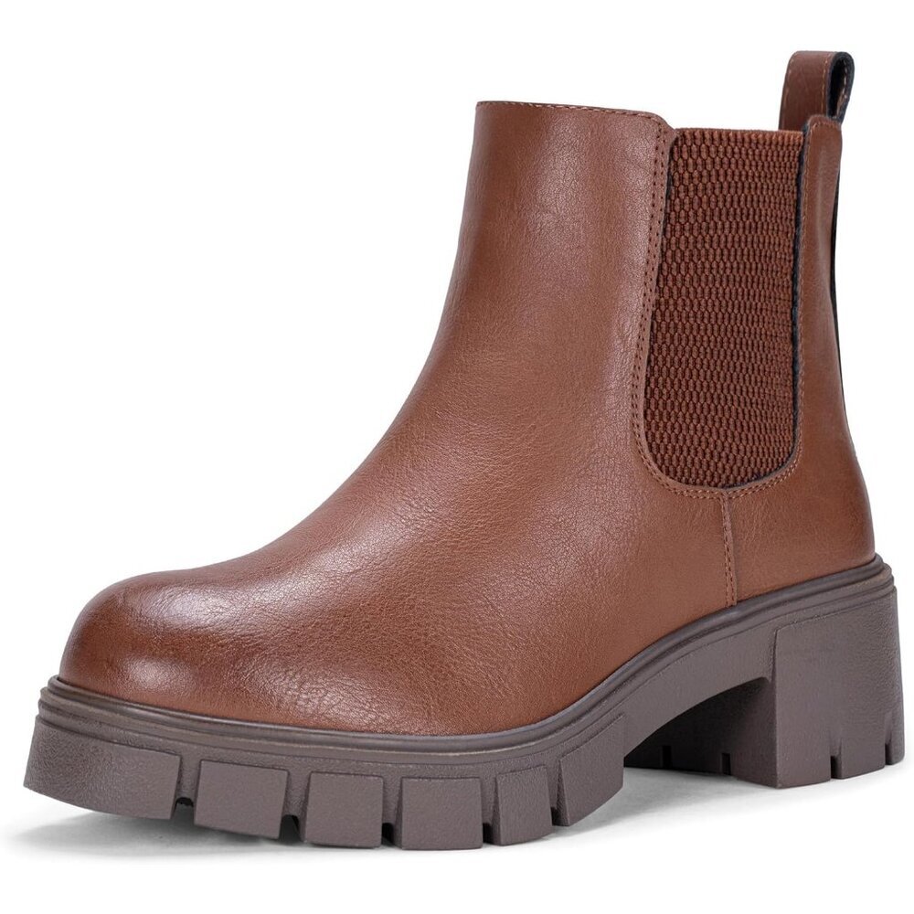 Vepose Women's Mocha Faux Chelsea Leather Lug Sole Elastic Slip on Ankle Booties